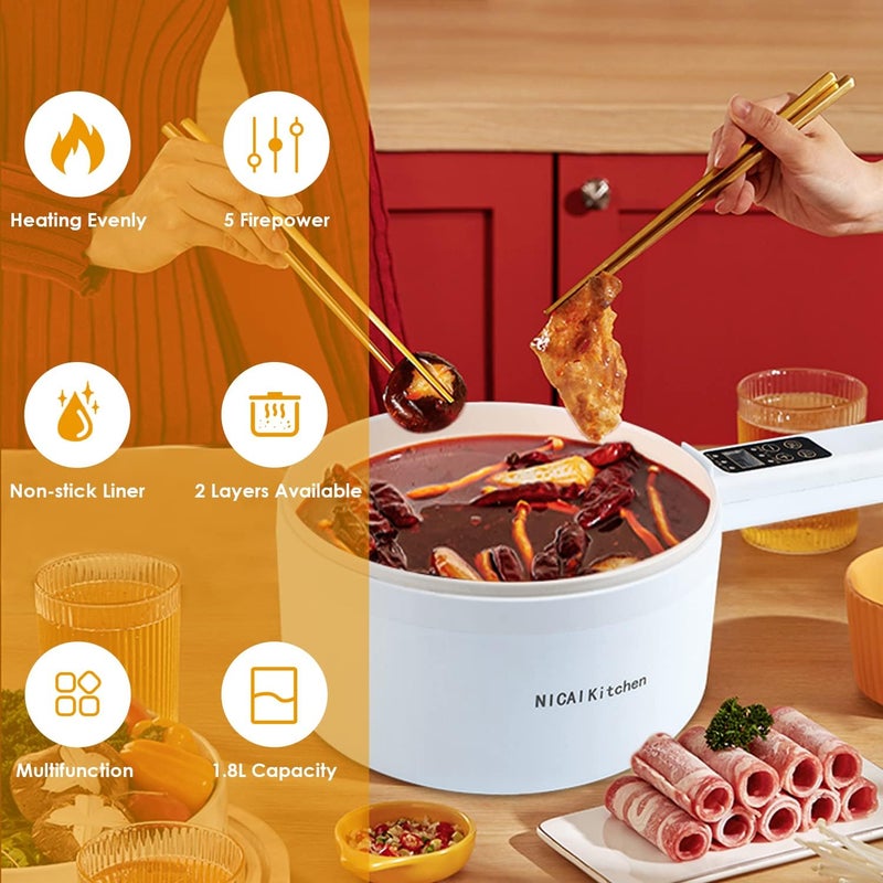 NICAI Kitchen وعاء كهربائي ساخن، 1.8 لتر طباخ بخاري كهربائي، مقلاة غير لاصقة متعددة الوظائف، مناسبة للرامن، الستيك، البيض، الأرز، الشوفان، الحساء زر ذكي، ذهبي - Image 2